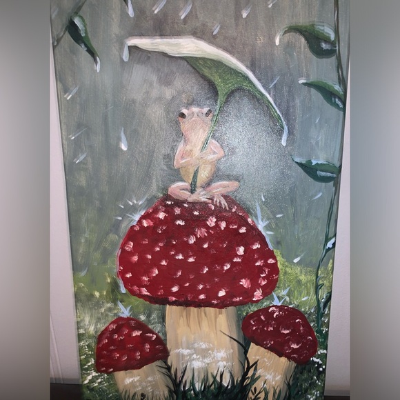 Handpainted frog with mushrooms original by Denise Crome -acrylic on canvas - Picture 6 of 7